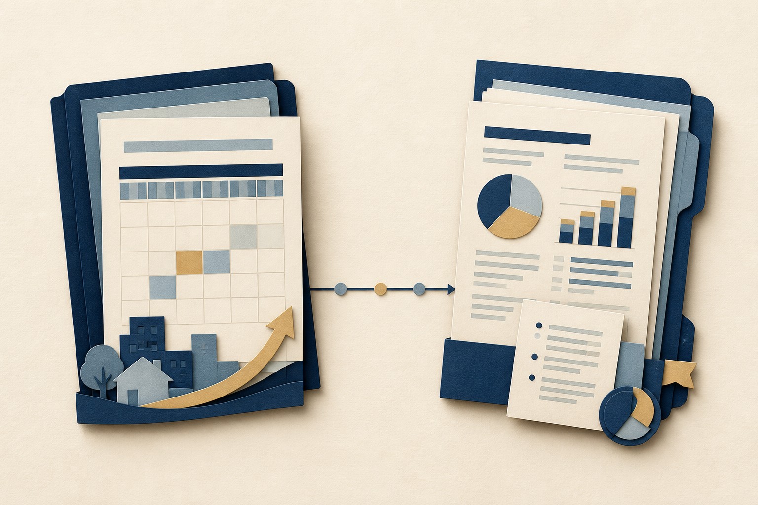 Conceptual illustration comparing an adopted budget with an annual financial report across a fiscal-year timeline.