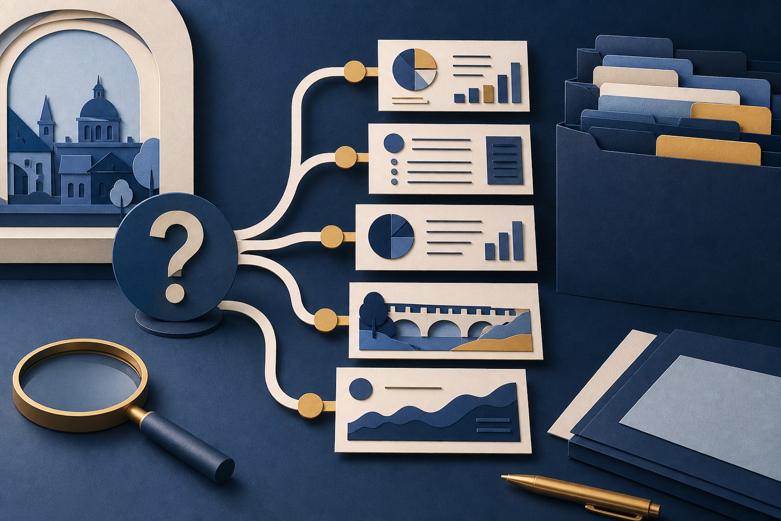 Conceptual research desk connecting one civic question to an official budget, agenda, audit, capital plan, and financial report.