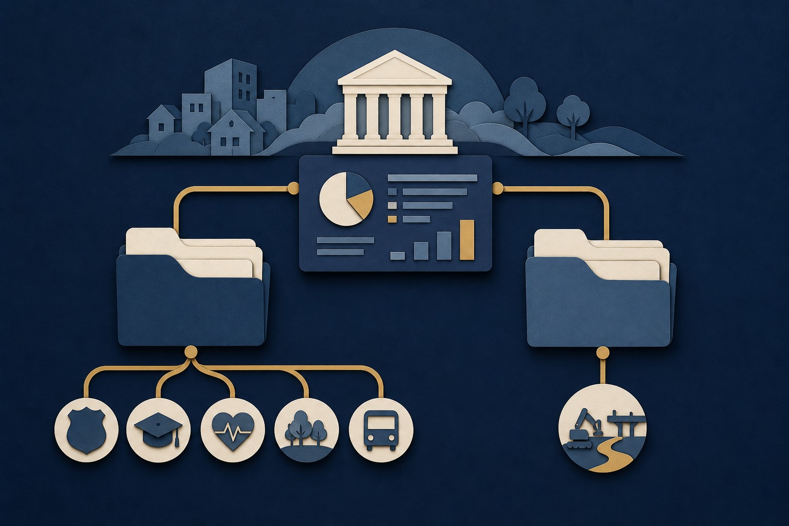 Conceptual illustration of two distinct public finance folders connected to one government reporting system.