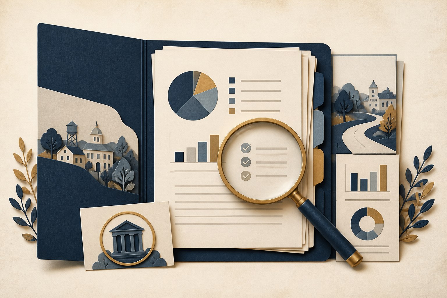 Conceptual illustration of an audit report, evidence folders, charts, and a magnifying glass.