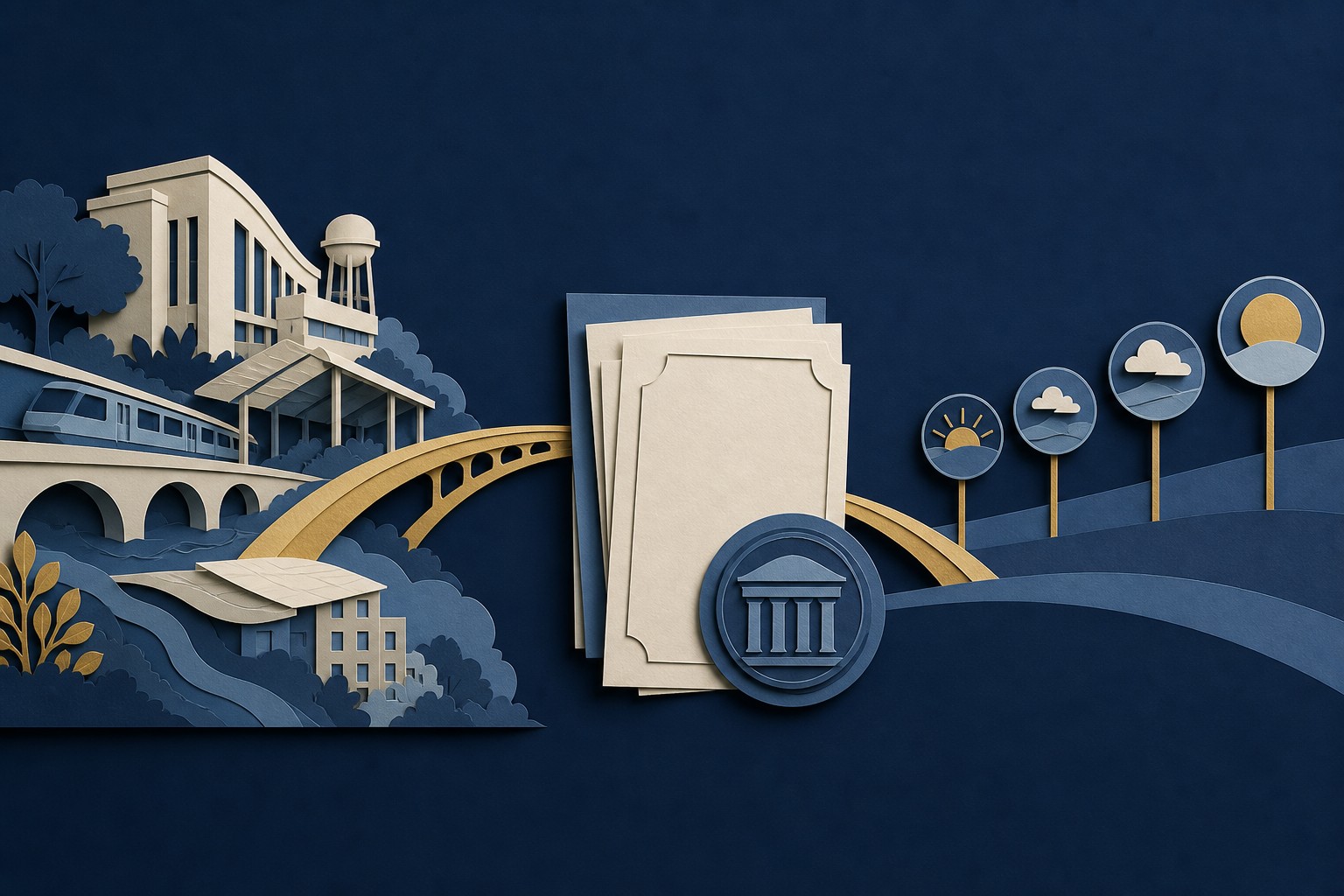 Conceptual illustration connecting a public infrastructure project to debt documents and a sequence of future repayment steps.