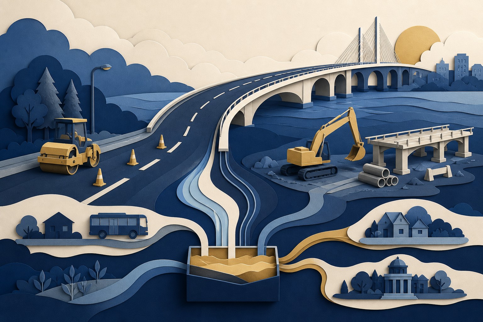 Editorial illustration of a road, bridge, maintenance equipment, and several connected public funding paths.