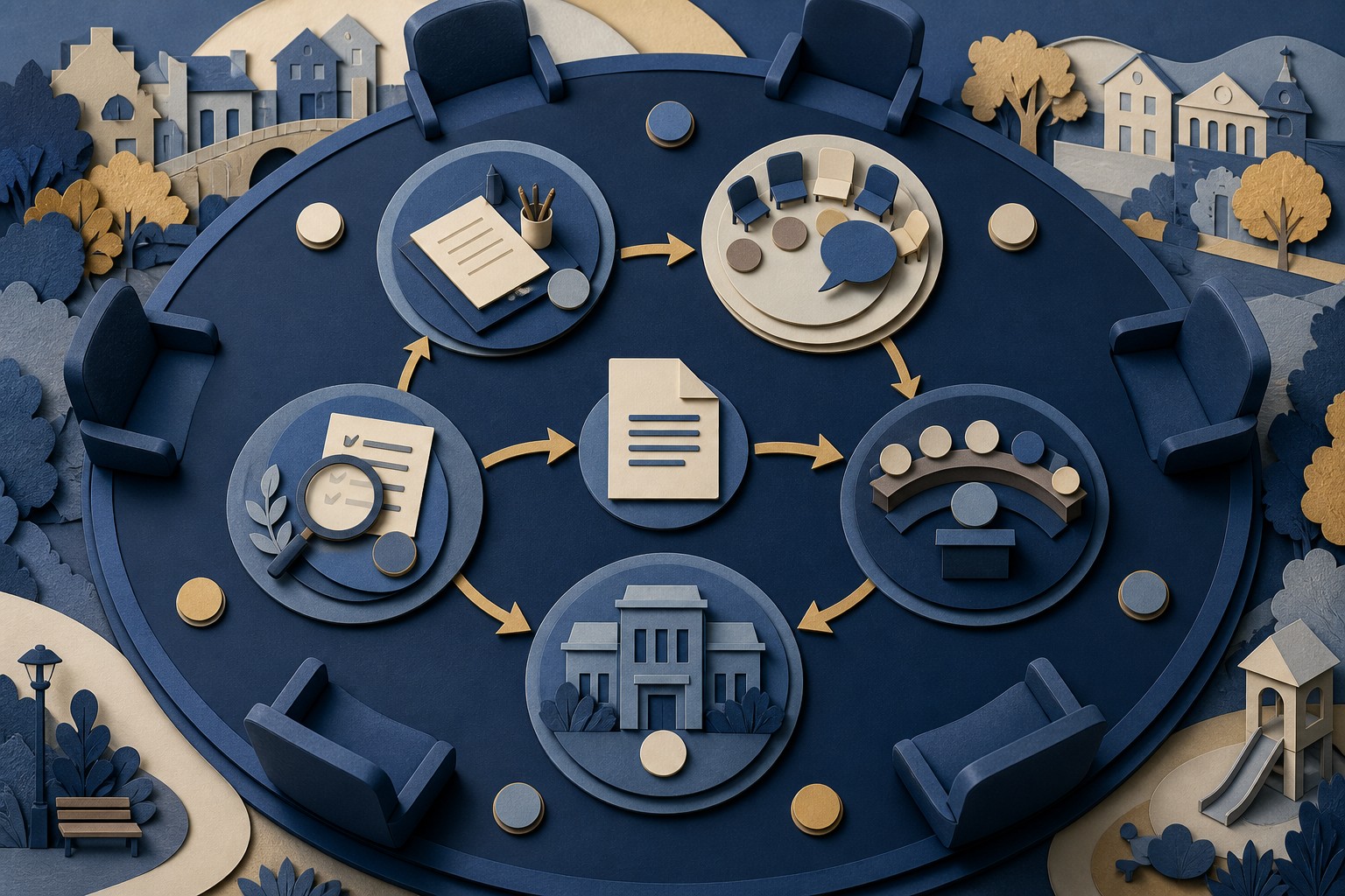 Top-down conceptual illustration of a public spending proposal moving through review, authorization, administration, and oversight.