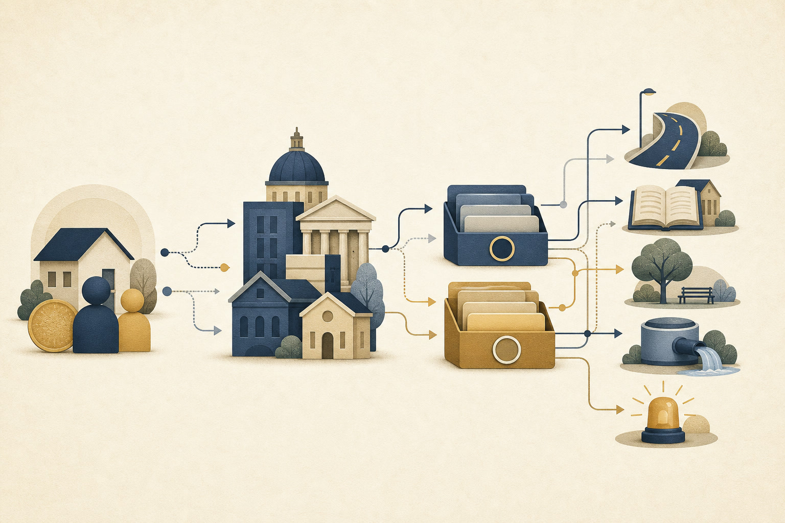 Conceptual diagram showing public money moving from residents through local governments and funds to public services.