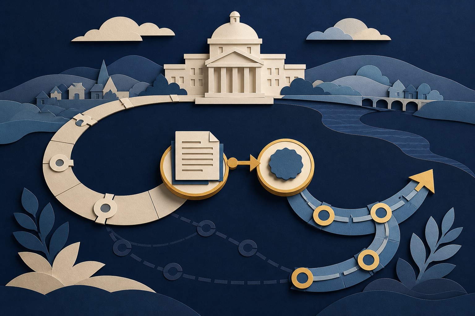 Conceptual annual budget path changing direction midyear through a formal review and authorization checkpoint.