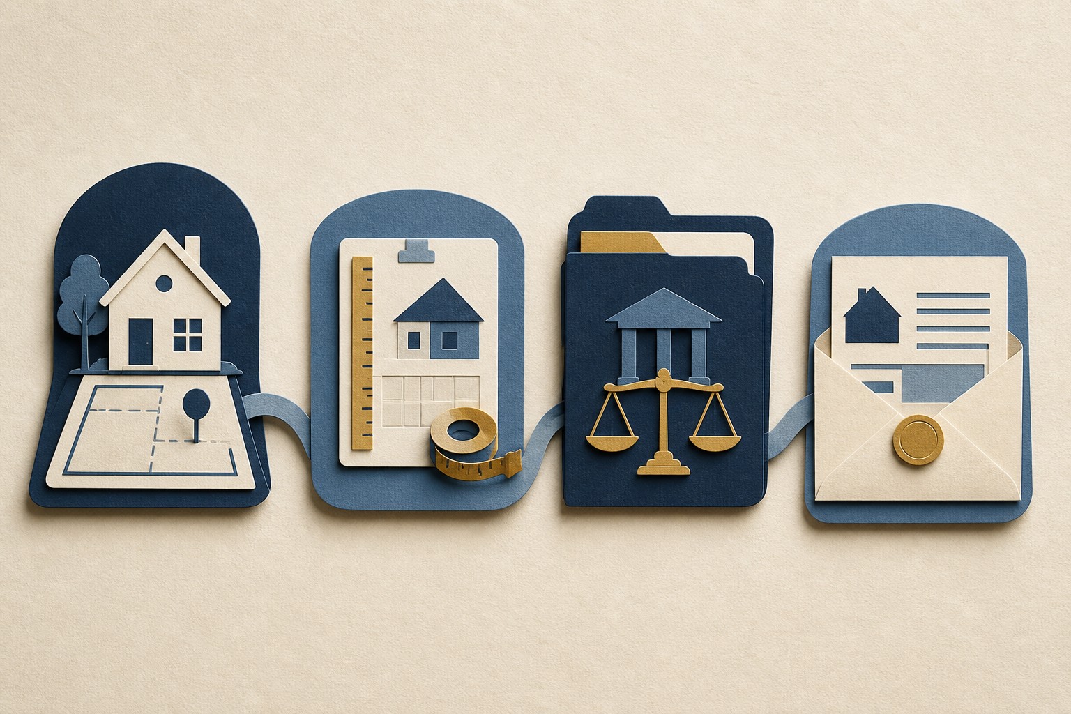 Conceptual illustration showing a property record, assessment, levy document, and tax bill as separate steps.