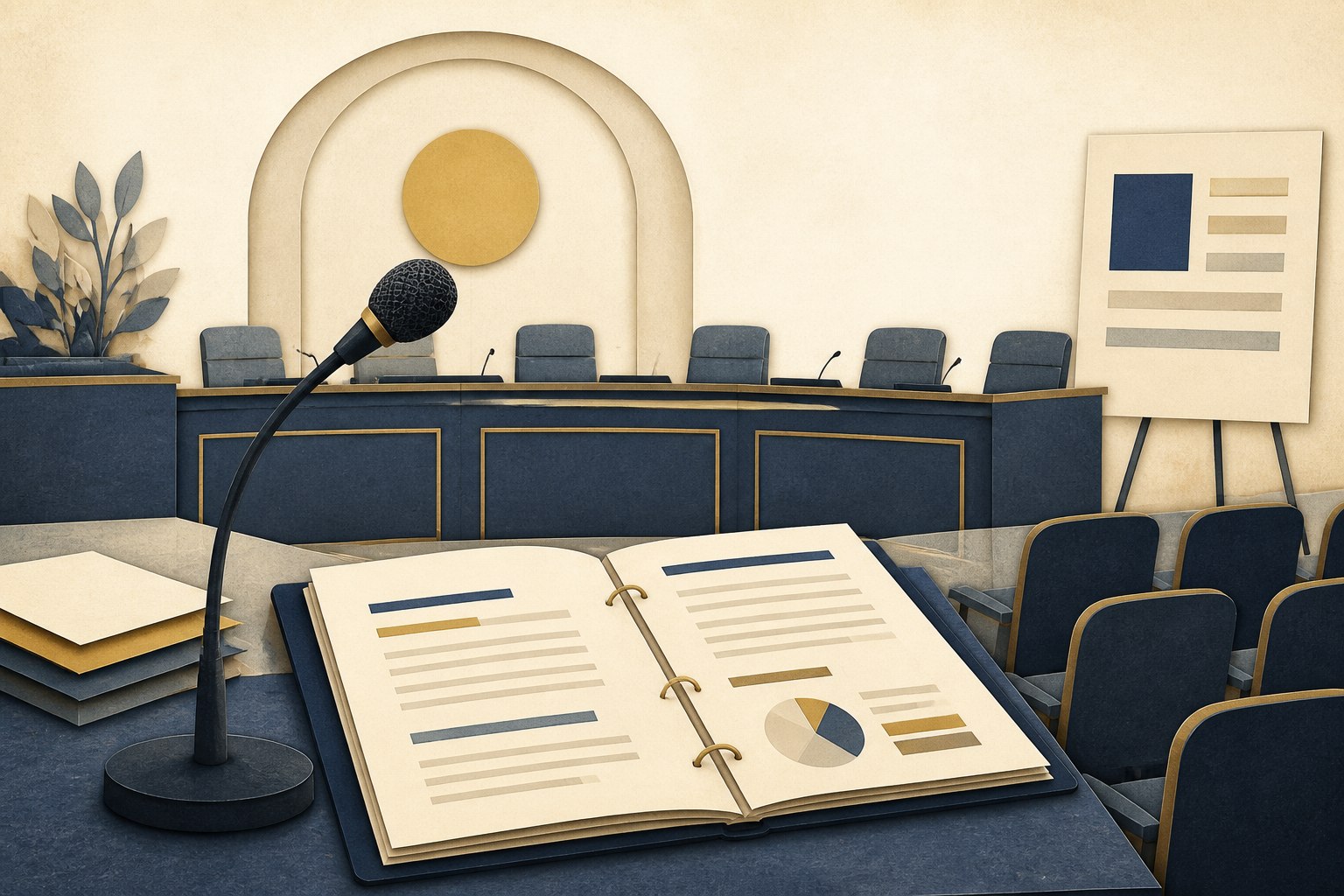 Conceptual illustration of a public meeting room with a microphone, budget packet, and empty audience chairs.