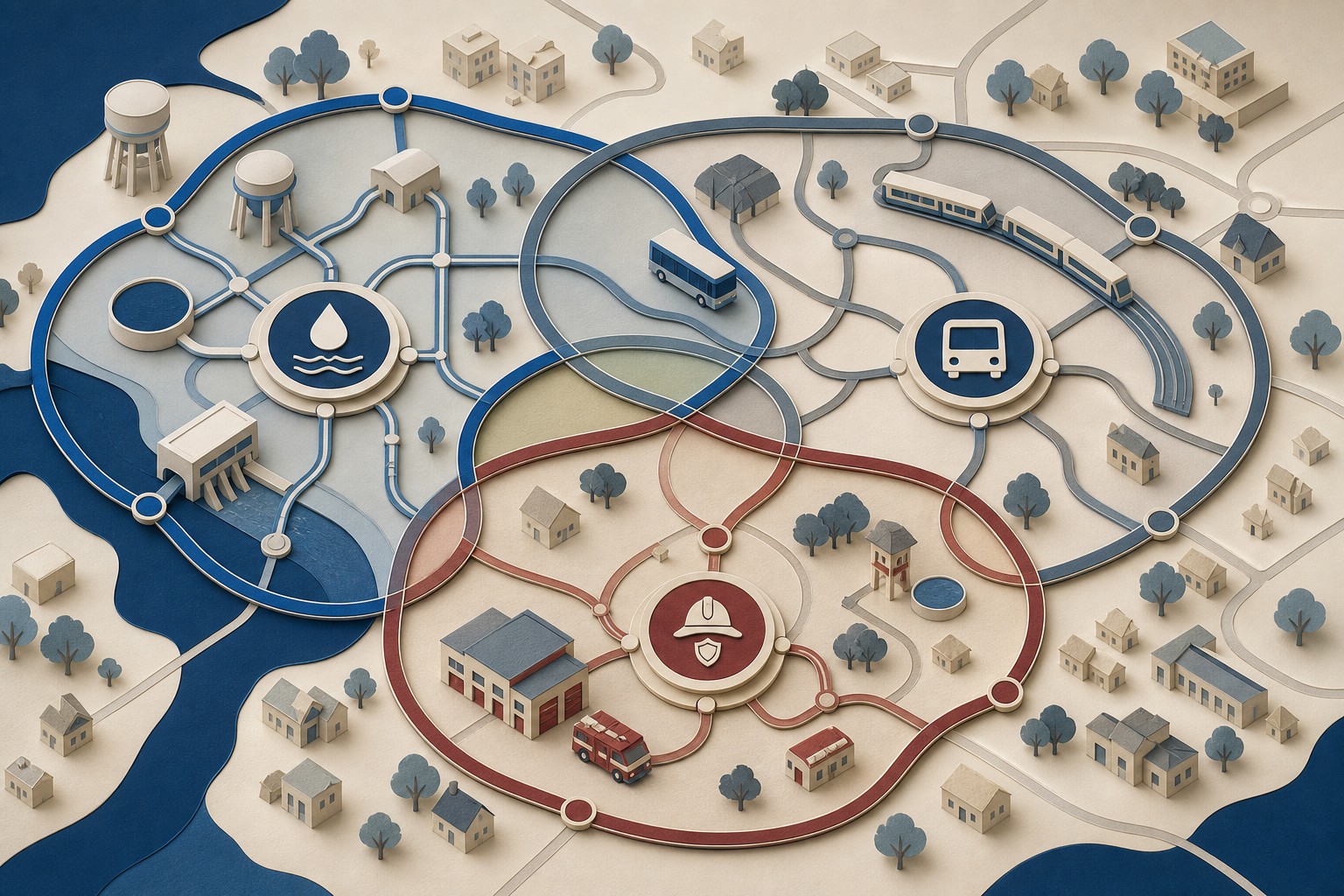Conceptual map of overlapping service areas for water, transit, and public safety governed by separate local entities.